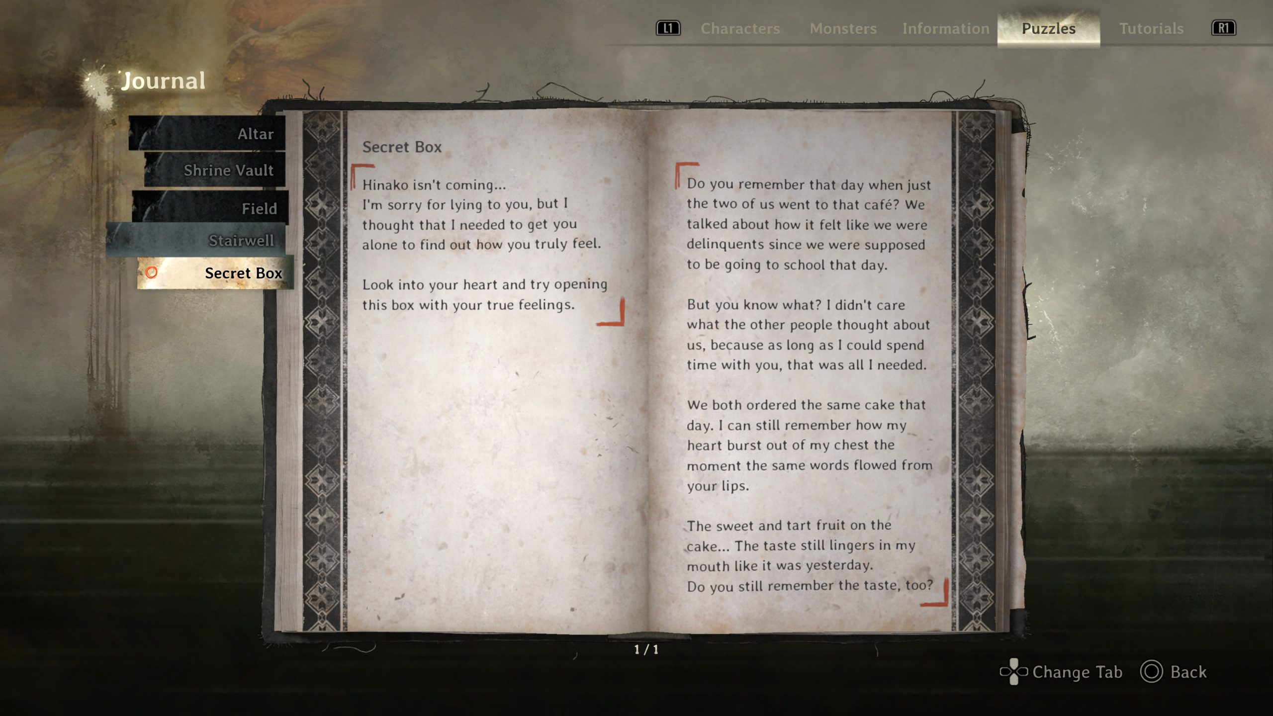 Journal interface displaying Secret Box text with list options like Altar and Stairwell on screen.