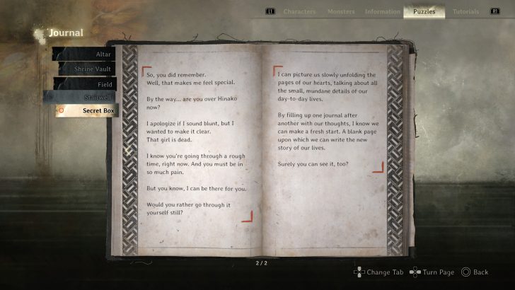 Journal screen with text are you over Hinako now? showing in the Puzzles tab.