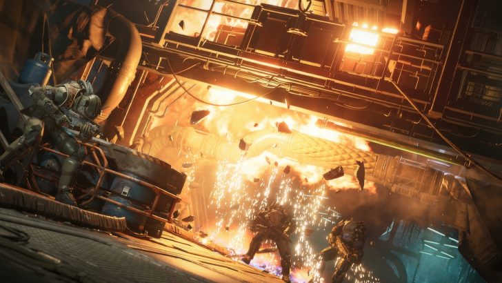 Soldiers exchanging fire amidst collapsing infrastructure.