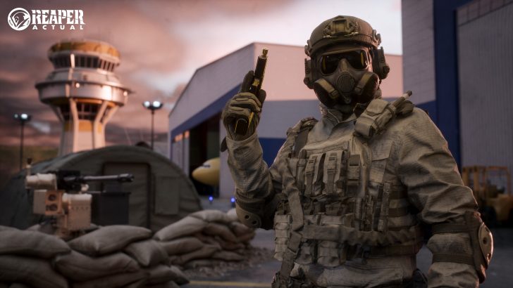 Operator in sunset-lit military complex.