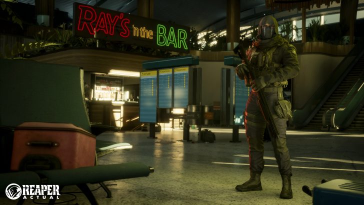 Soldier at an airport bar, REAPER ACTUAL logo visible.