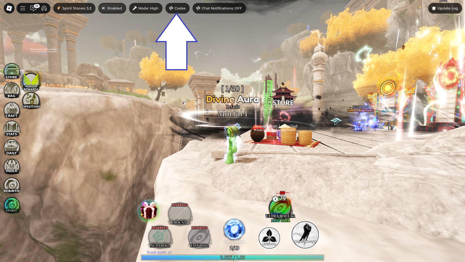 Interface demonstrating code redemption location
