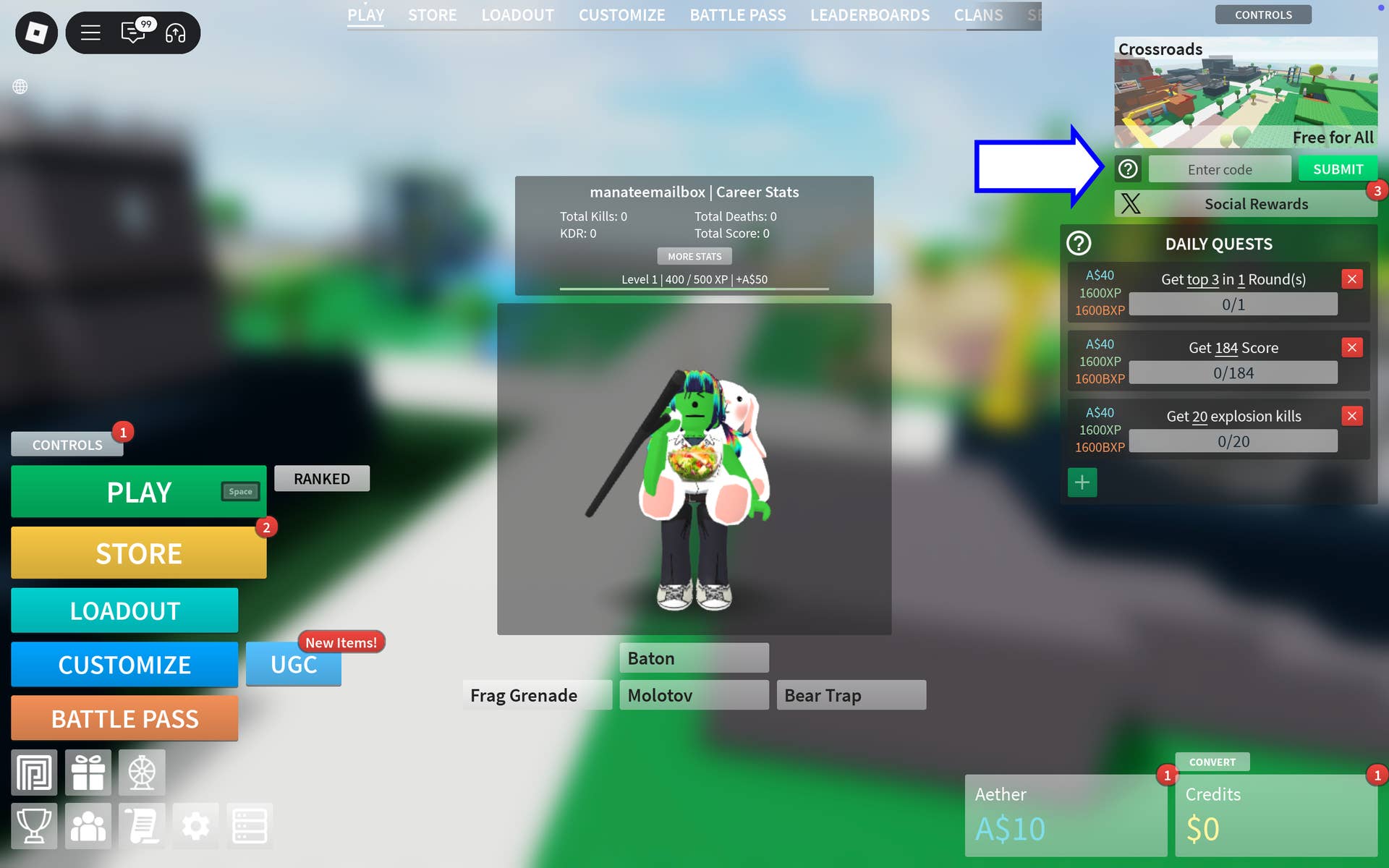 In-game interface highlighting code redemption area