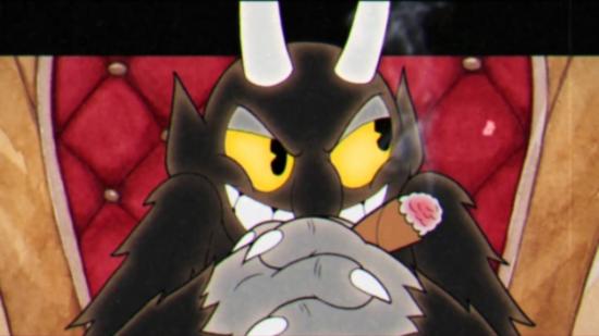 Cuphead Devil with a cigar in his mouth sitting in his chair with his hands clasped together