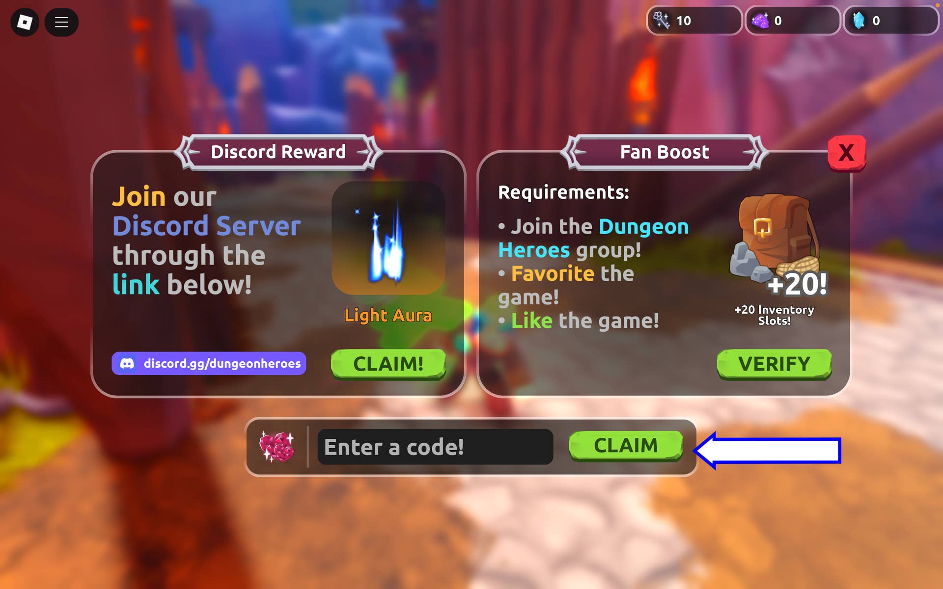 Visual guide demonstrating code input mechanics within Dungeon Heroes