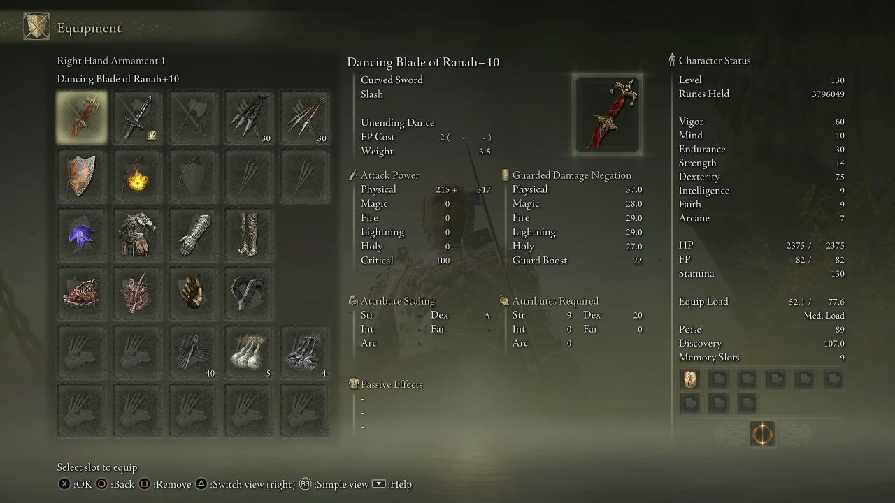 Elden Ring, Guide, Dancing Blade of Ranah Build, Stats