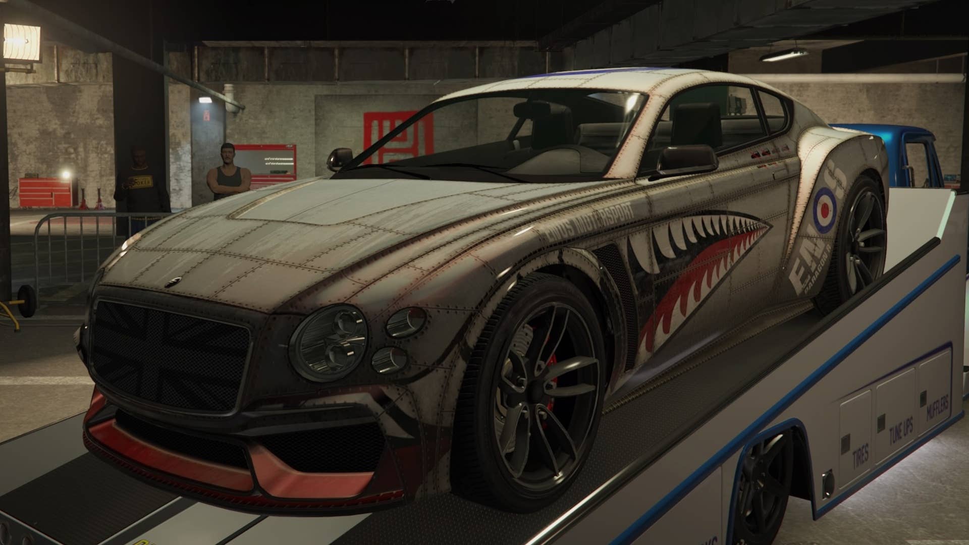 gta online ls car meet enus paragon r with shark teeth decal on the side on the slam van in the car meet.