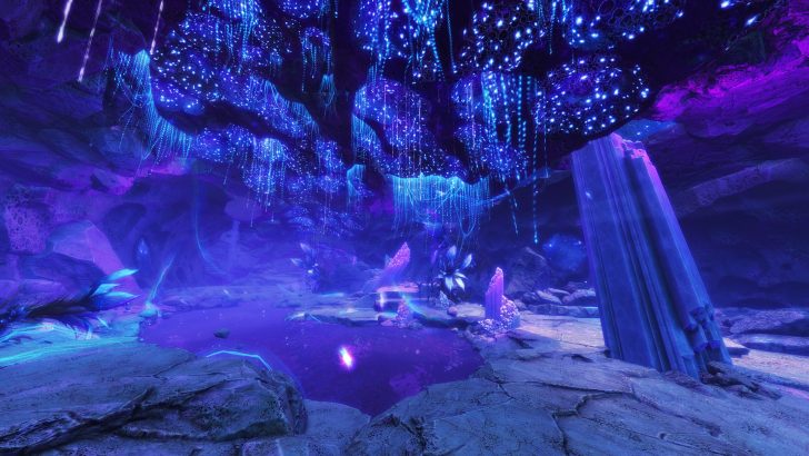 A glowing cave with luminescent plants, stalactites, and a reflective pool in a surreal landscape.