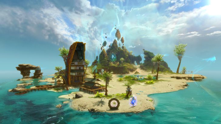 Fantasy island scene with floating rocks and a spiral-shaped portal near the ocean.