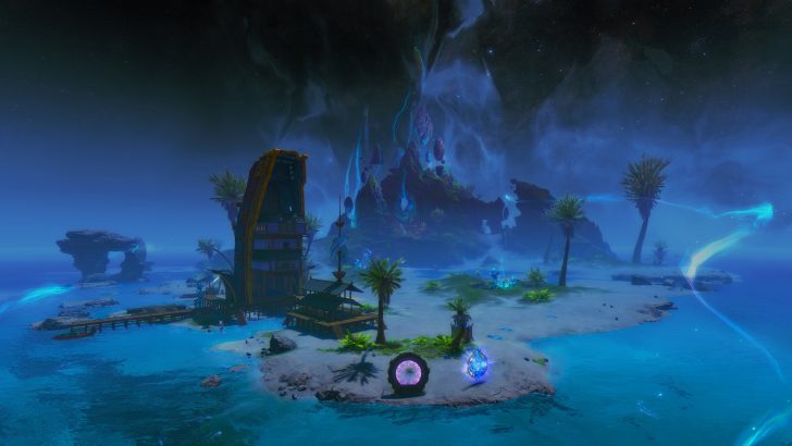 Fantasy island landscape with glowing portals, palm trees, and mystical mountains under a starry sky.