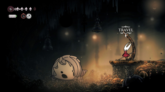 Hollow Knight Silksong Bell Beast: Hornet summoning the Bell Beast at the Bellway