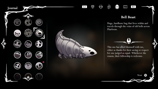 Hollow Knight Silksong Bell Beast: Hornet's Bell Beast entry in the Bestiary