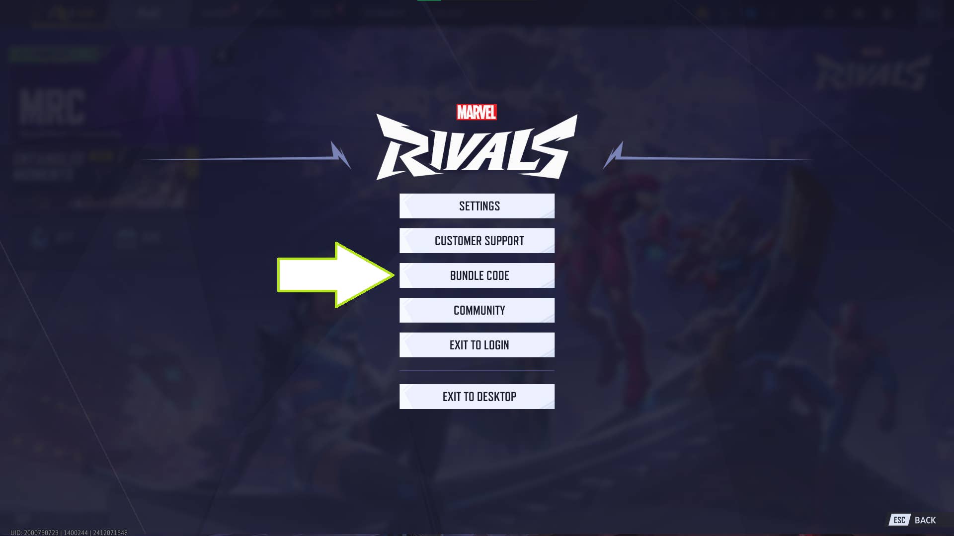 Menu screenshot displaying code redemption section