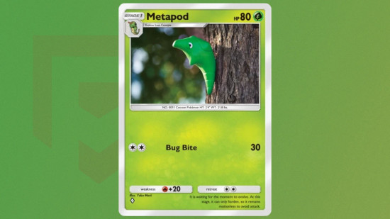 A pokémon metapod card from the TCG Pocket app, showing it against a tree