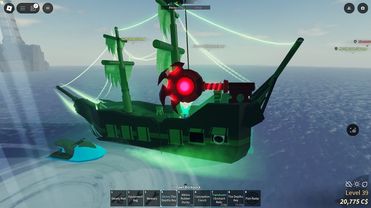 A pink-haired avatar holding the Depths Key aboard the Flying Dutchman in Roblox Fisch.