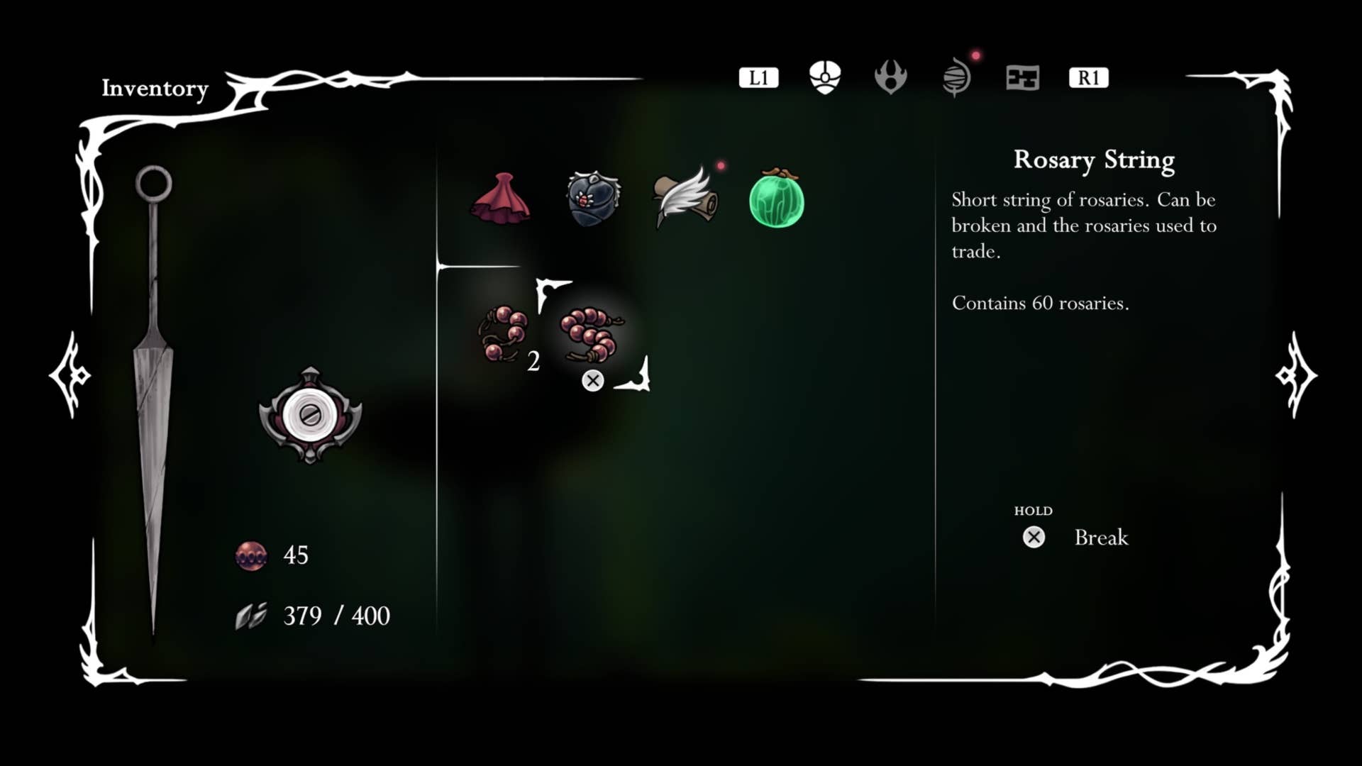 silksong rosary string in hornet inventory
