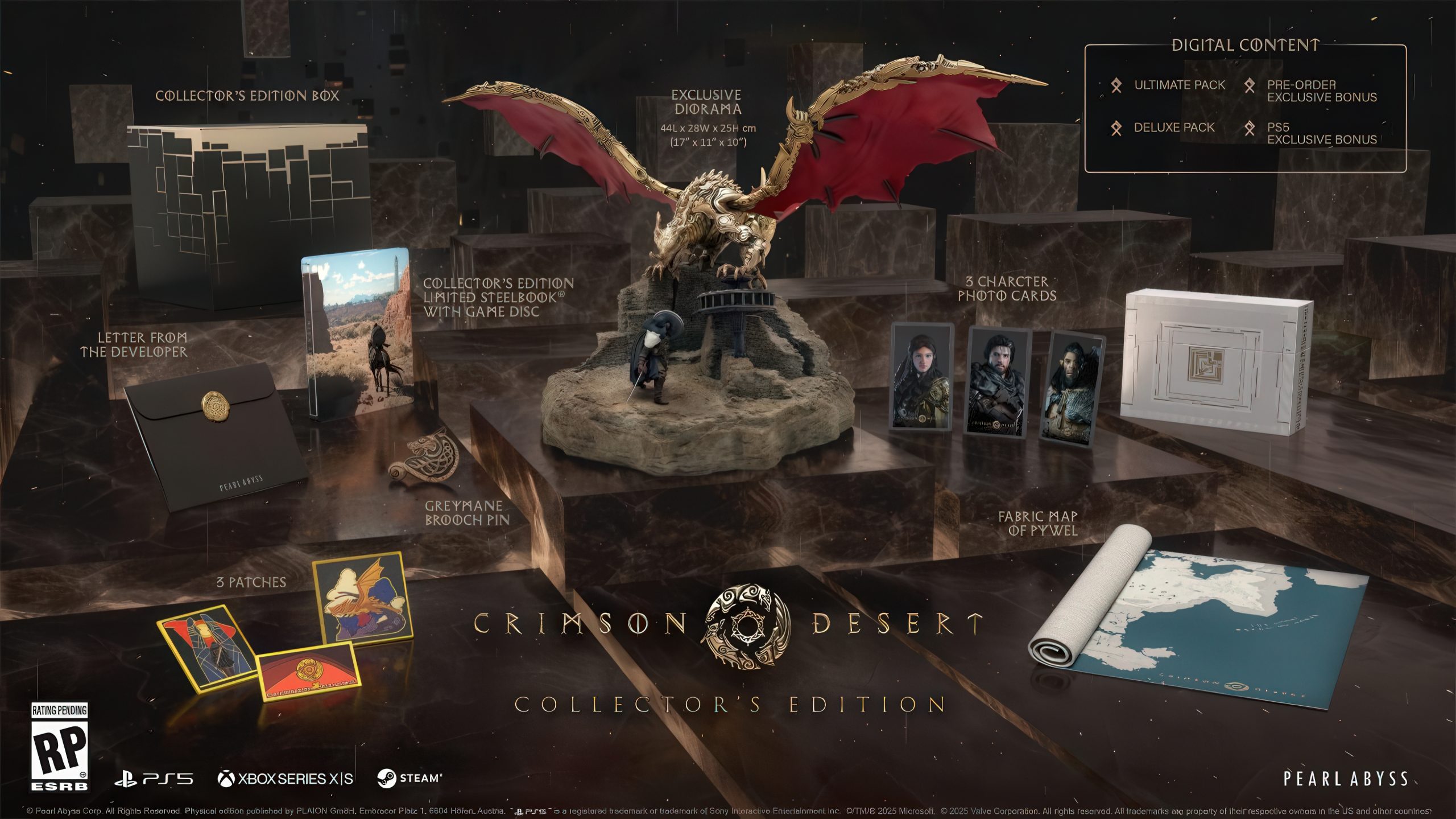 Crimson Desert Collector's Edition contents featuring detailed diorama, embroidered map, and developer artifacts.
