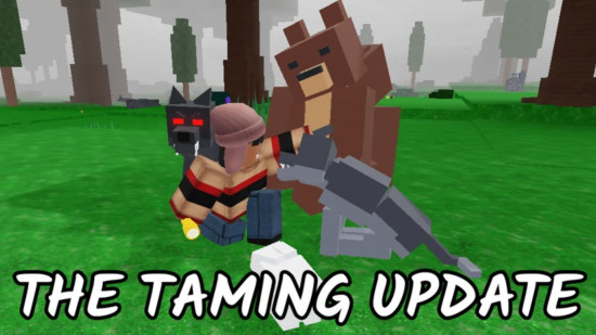 99 Nights in the Forest update - key art for the Taming Update, showing a Roblox character surrounded by tamed animals