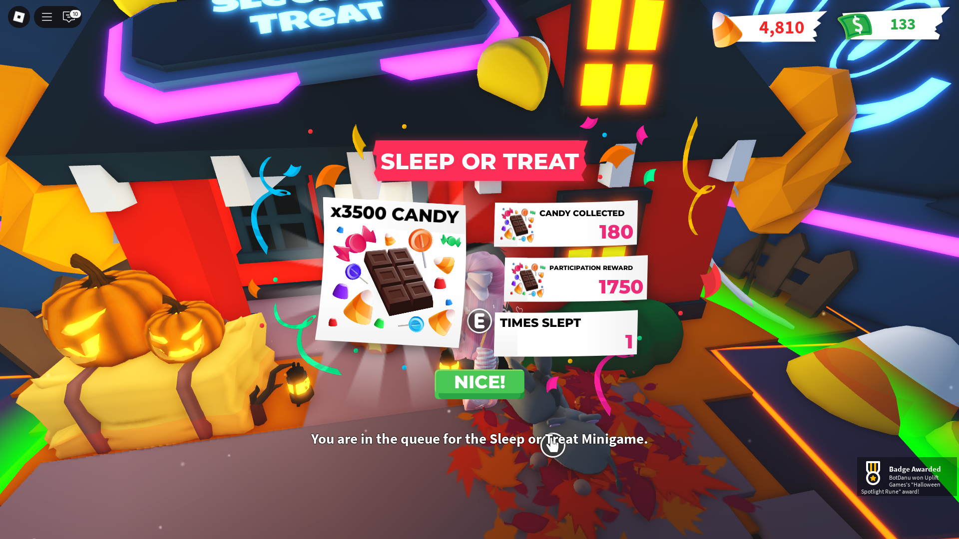 Sleep or Treat gives the highest candies (Image via Roblox Corporation)