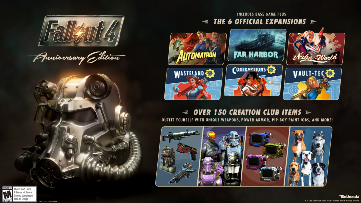 Fallout 4 Anniversary Edition cover with 6 official expansions and Over 150 Creation Club Items text, featuring Bethesda branding.