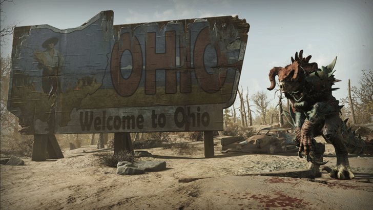 A torn sign reads Welcome to Ohio beside a spiked creature on a barren landscape.