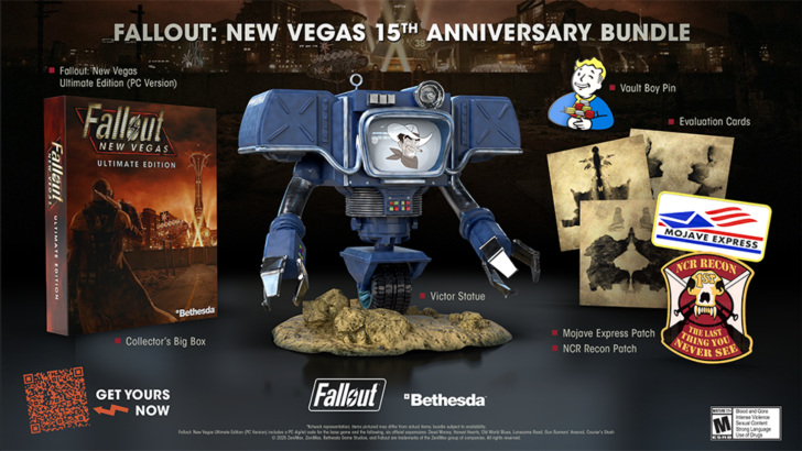 Fallout: New Vegas 15th Anniversary Bundle with Ultimate Edition box, Victor statue, evaluation cards, and patches on display.