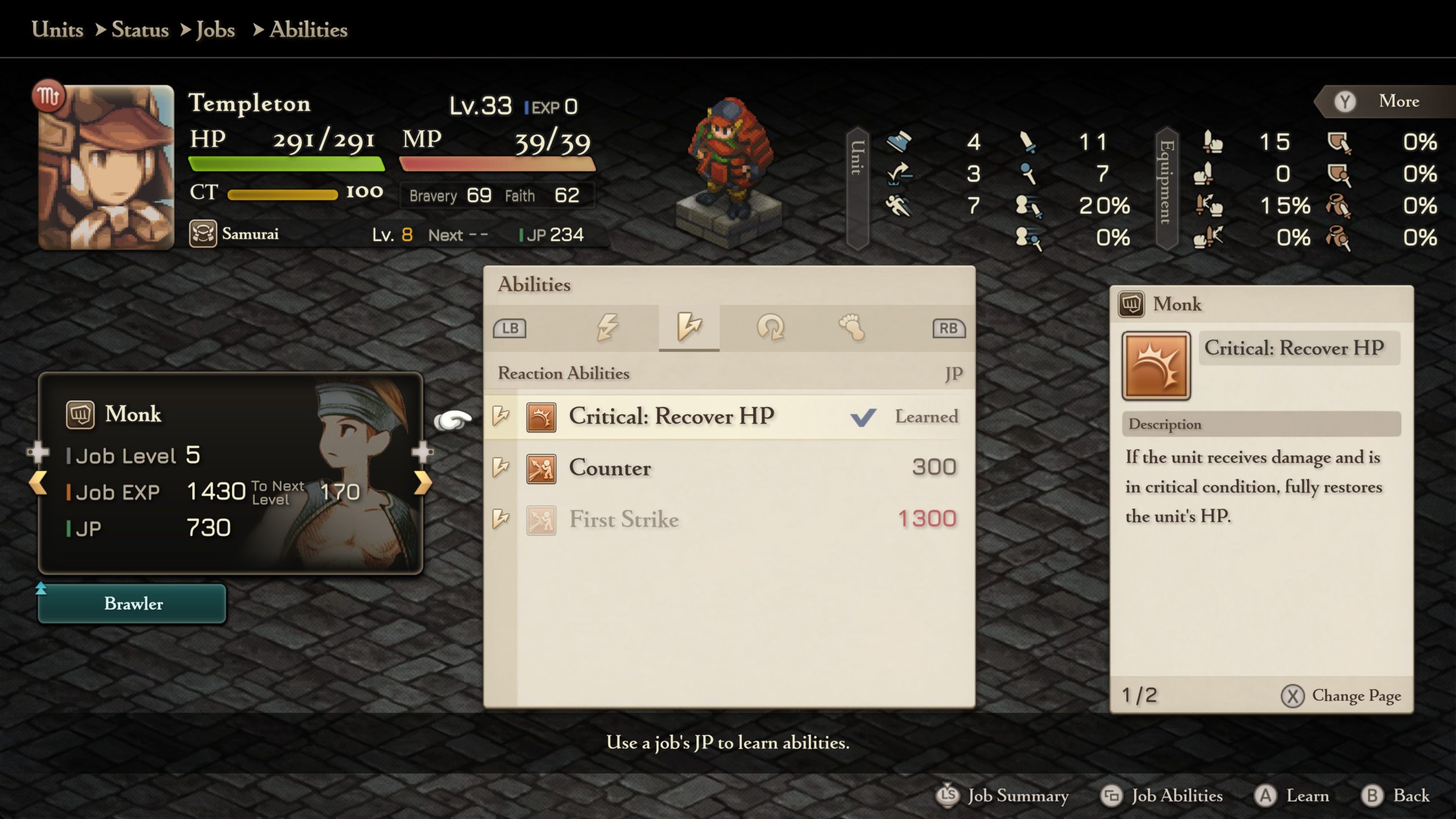 Character stats and abilities screen shows Templeton at Level 33 Samurai with Monk job level 5 and ability Critical: Recover HP.