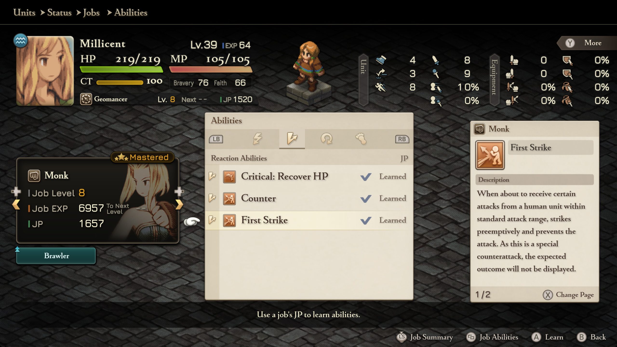Millicent in-game character menu displaying First Strike ability description and stats for Monk class at Job Level 8.