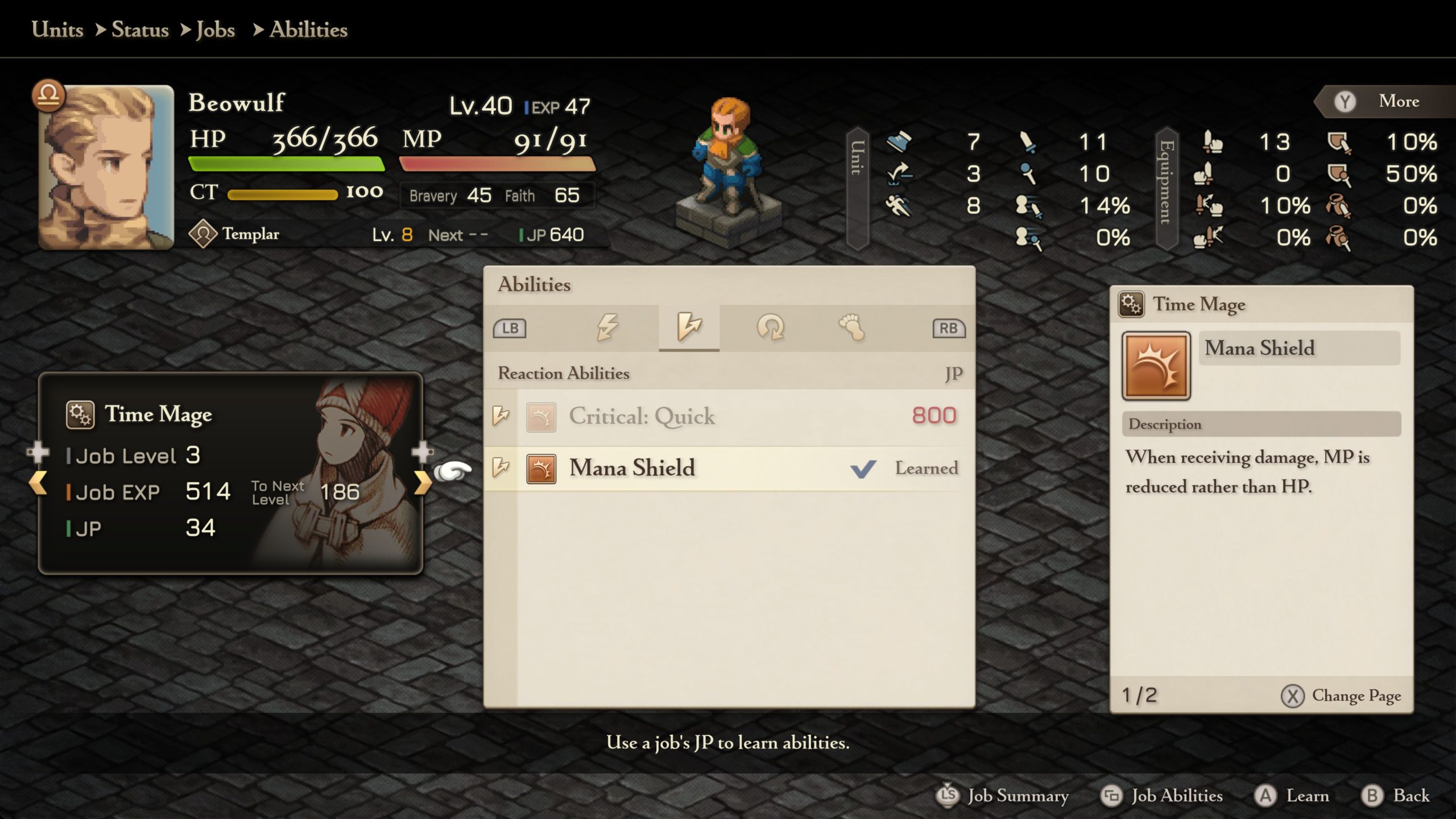 Beowulf character screen showing 'Mana Shield' ability description: 'When receiving damage, MP is reduced rather than HP.'