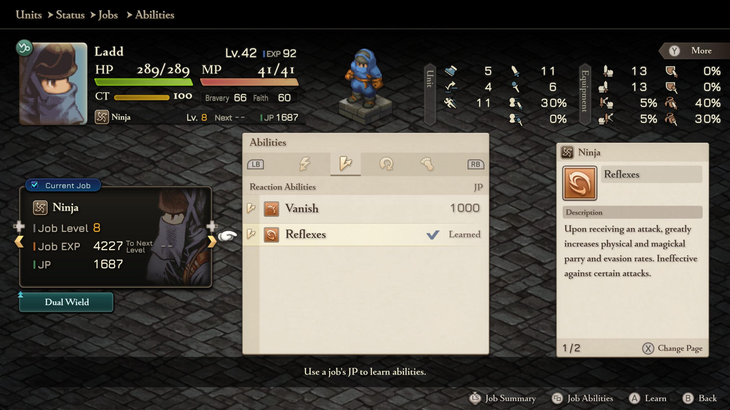 Final Fantasy tactics game screen showing a Ninja character with Reflexes ability learned, level 42, job level 8, JP 1687.