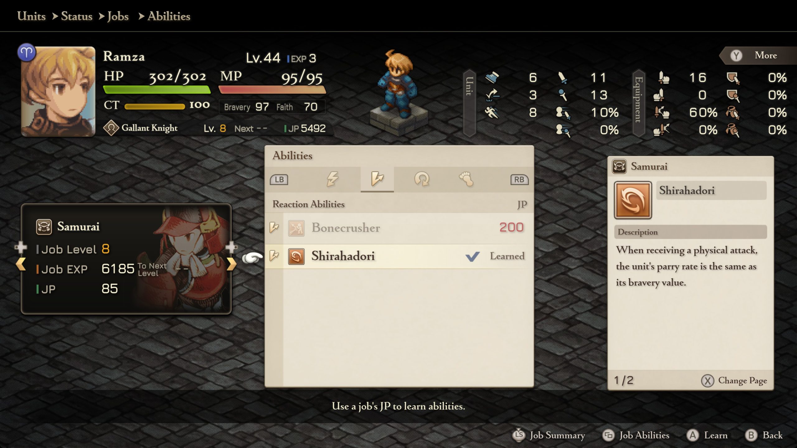 Character Ramza level 44 with Samurai job; abilities include Shirahadori, with parry rate same as bravery.