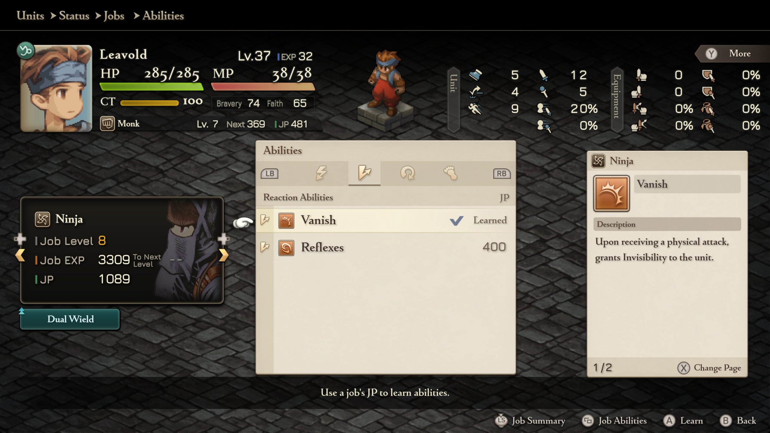 Character Leavold on abilities screen with Ninja job at level 8 and Vanish ability selected, Job EXP 3309 to next level.