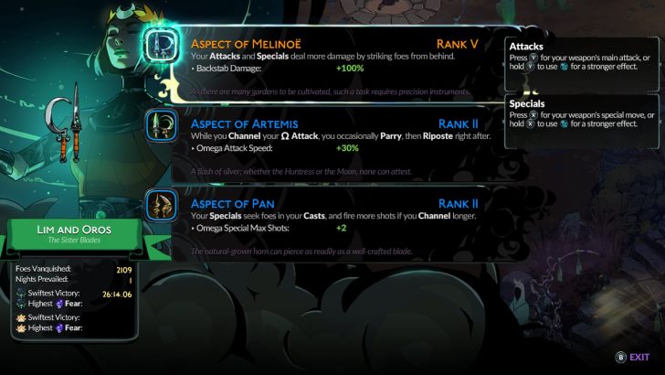 Melinoë wielding twin blades in combat, surrounded by ability tooltips for Aspects of Melinoë, Artemis, and Pan.