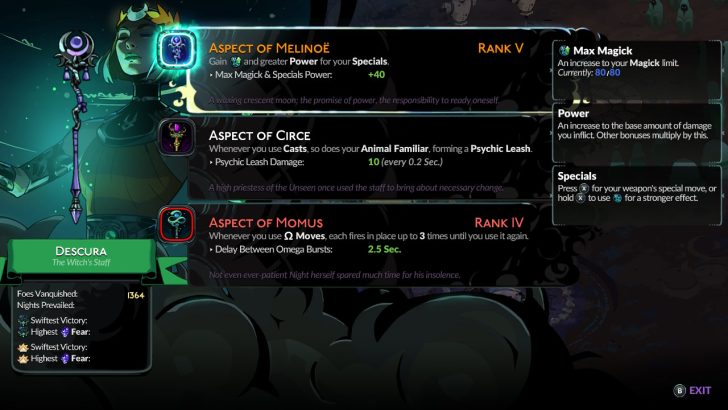 Melinoë casting spells with Descura, showcasing charged attacks and Magick mechanics.