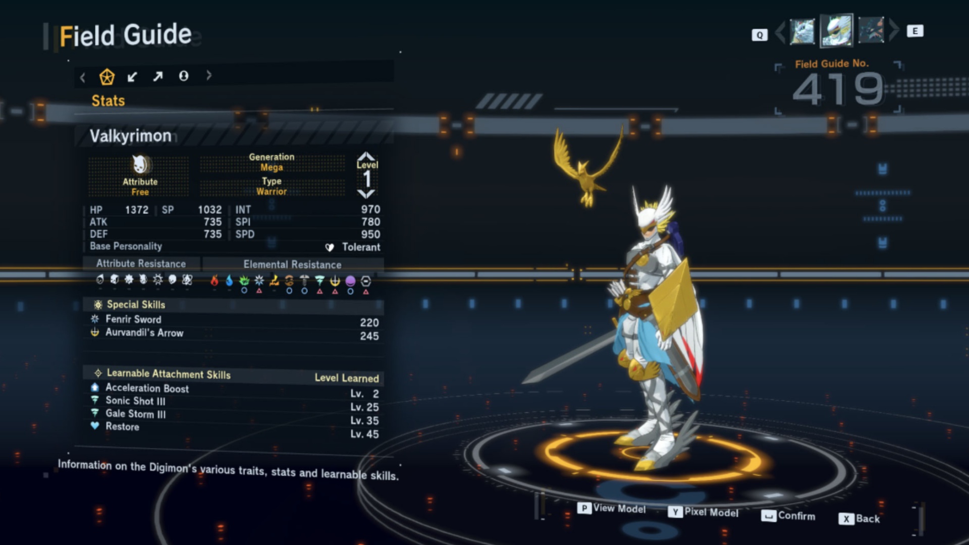 Learn about the stats of Valkyrimon in the game (Image via Bandai Namco Entertainment)