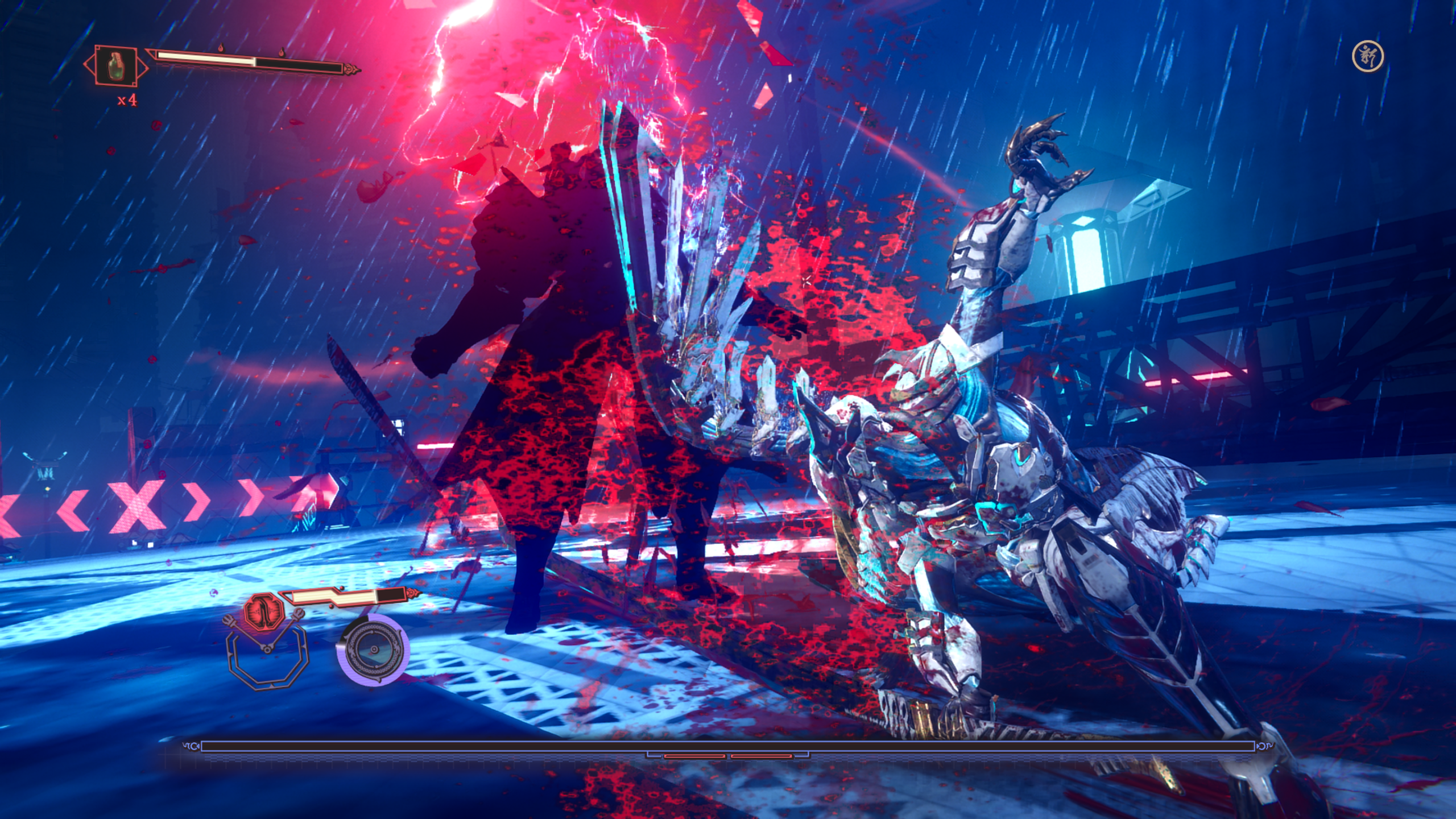 Video game screenshot with robotic knight attacking an enemy under red lightning; HUD shows x4 and health bar.