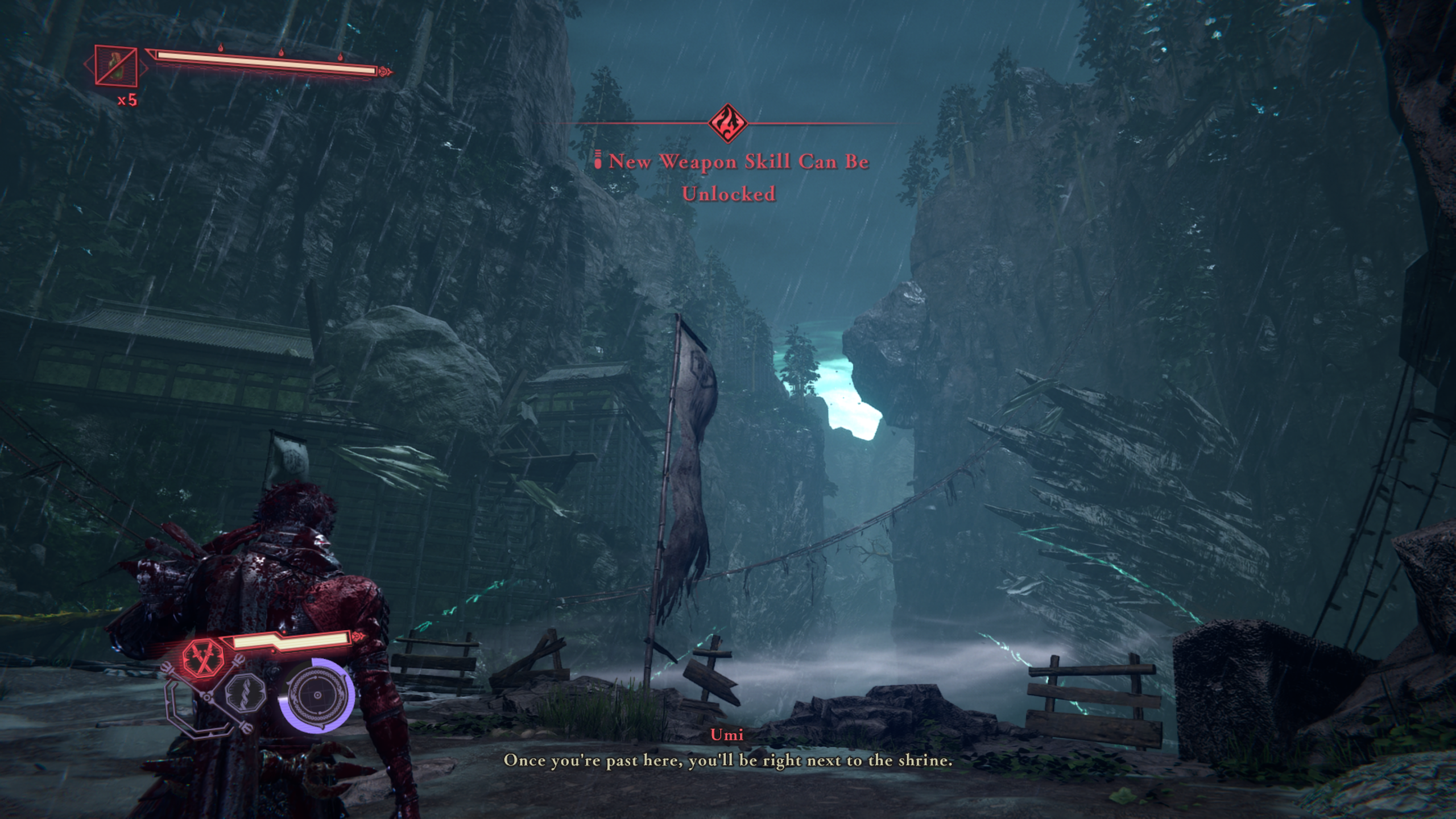 A character stands in a rainy, mountainous area with text overlay New Weapon Skill Can Be Unlocked.