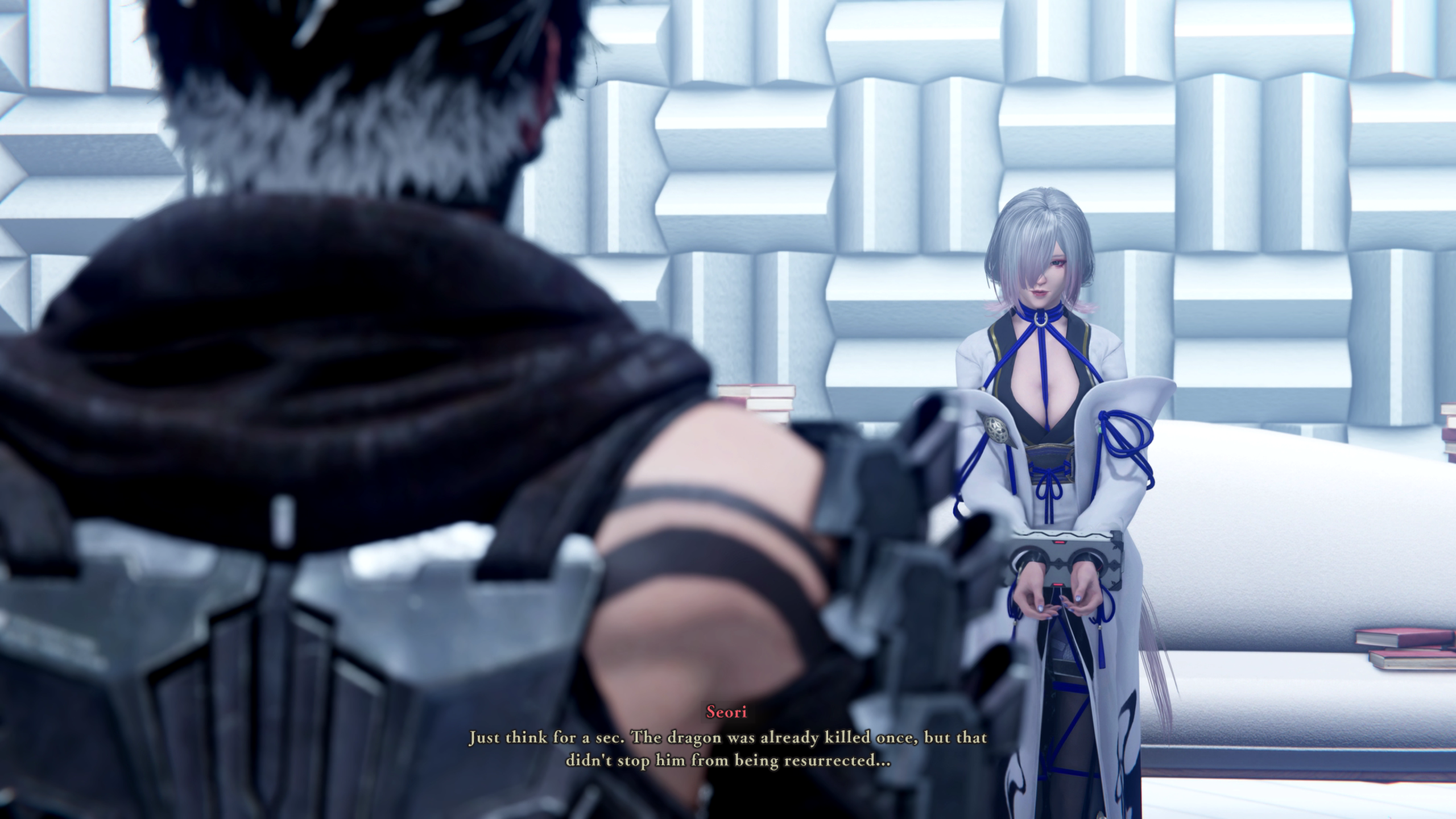 Unbranded video game scene with on-screen text: “Just think for a sec. The dragon was already killed once, but that didn't stop him from being resurrected...”.
