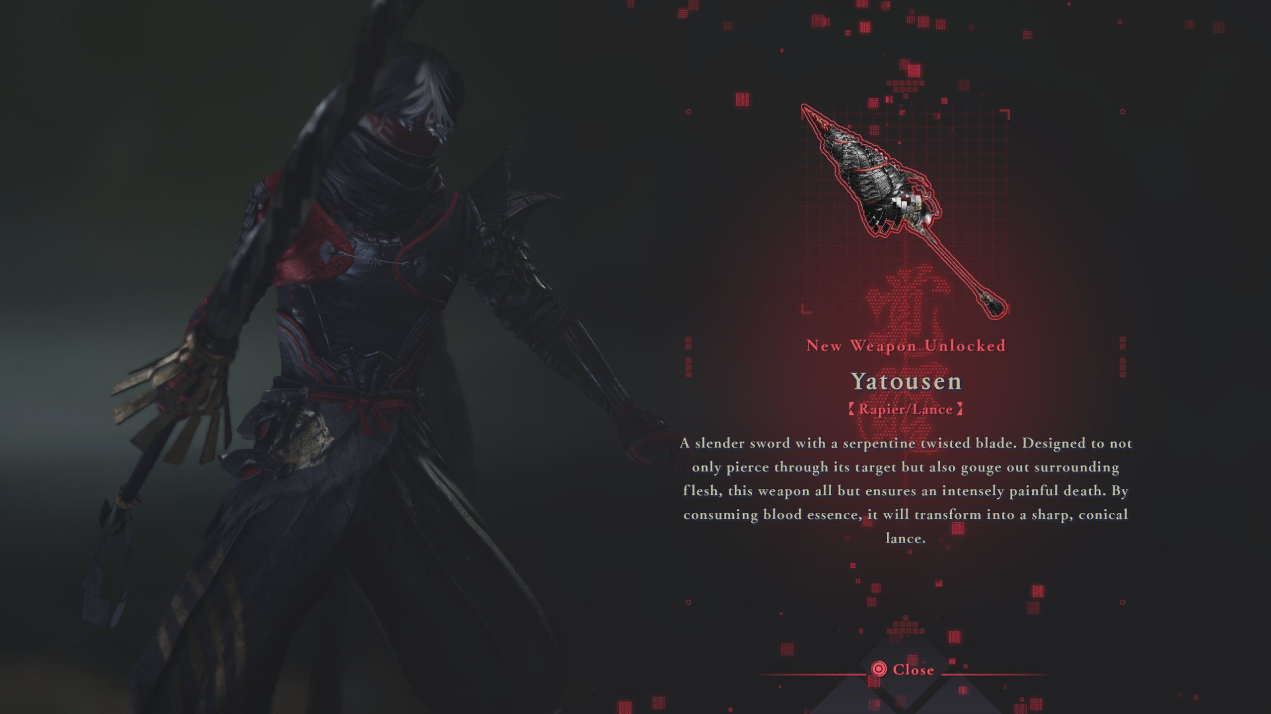 New weapon unlocked screen for Yatousen with a description of the rapier/lance and character holding the weapon.