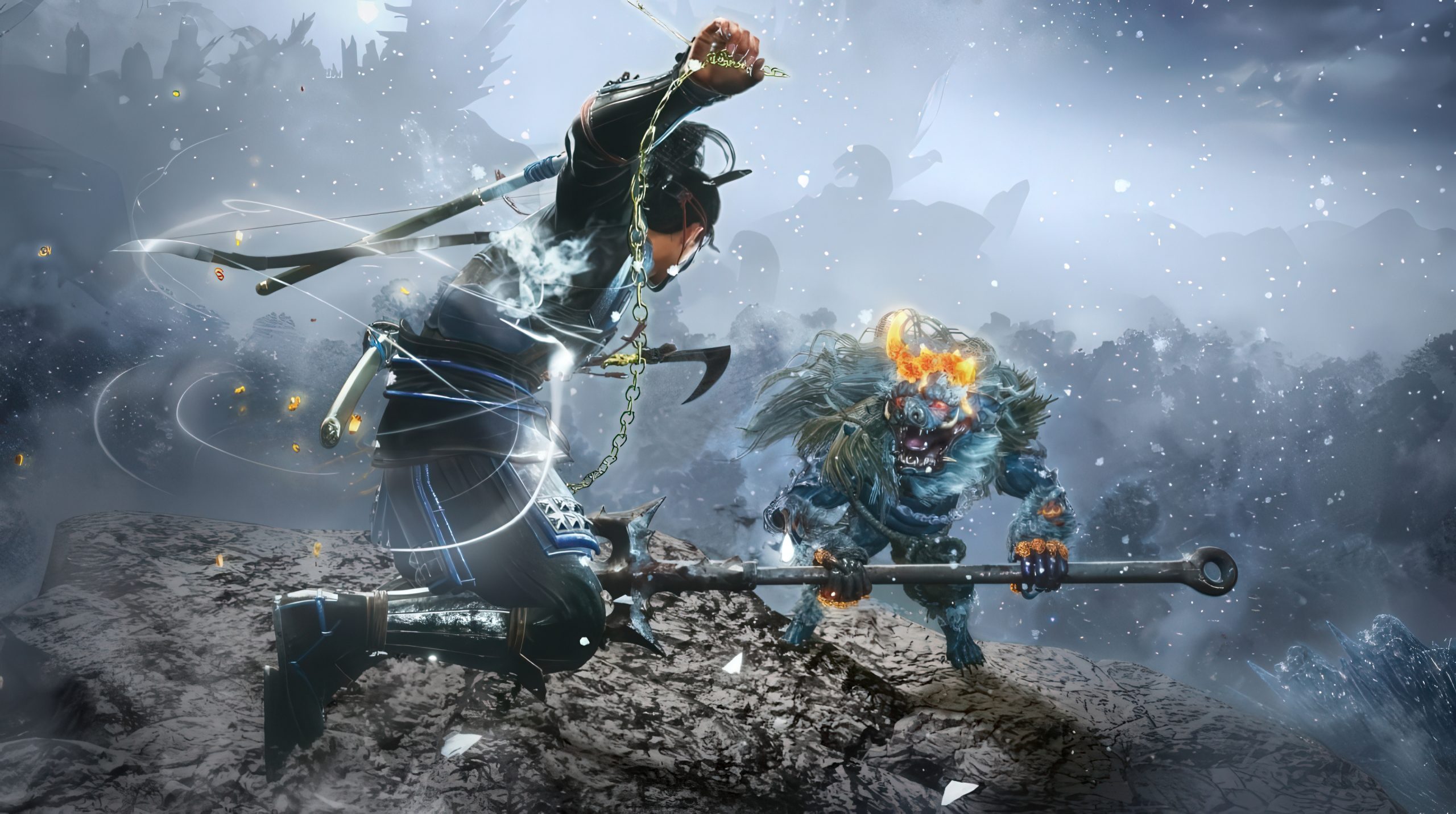 A warrior and a blue monster are engaged in battle on a snowy mountain.