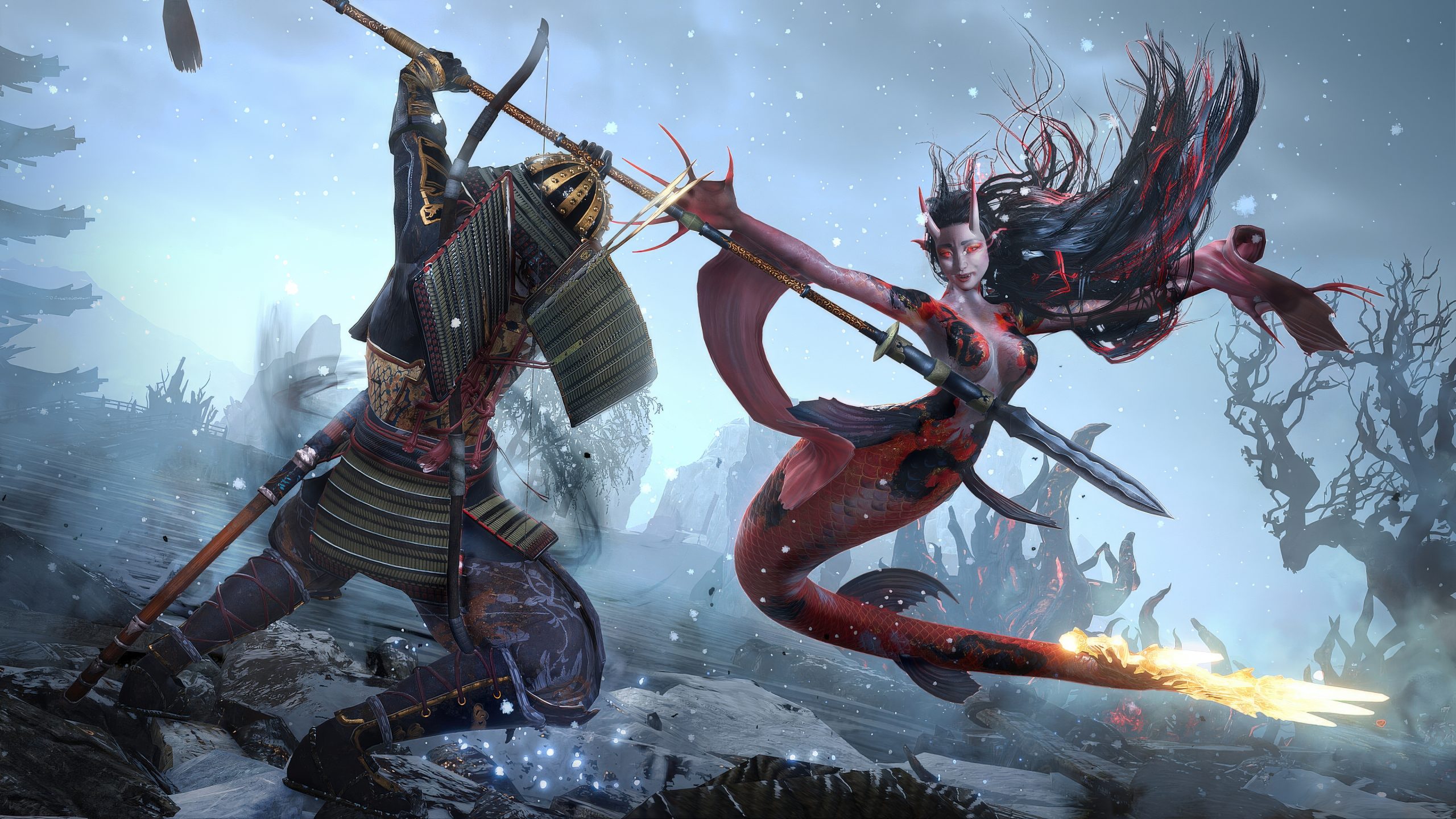 A samurai battles a demon-like creature with a spear in a snowy, barren battlefield.