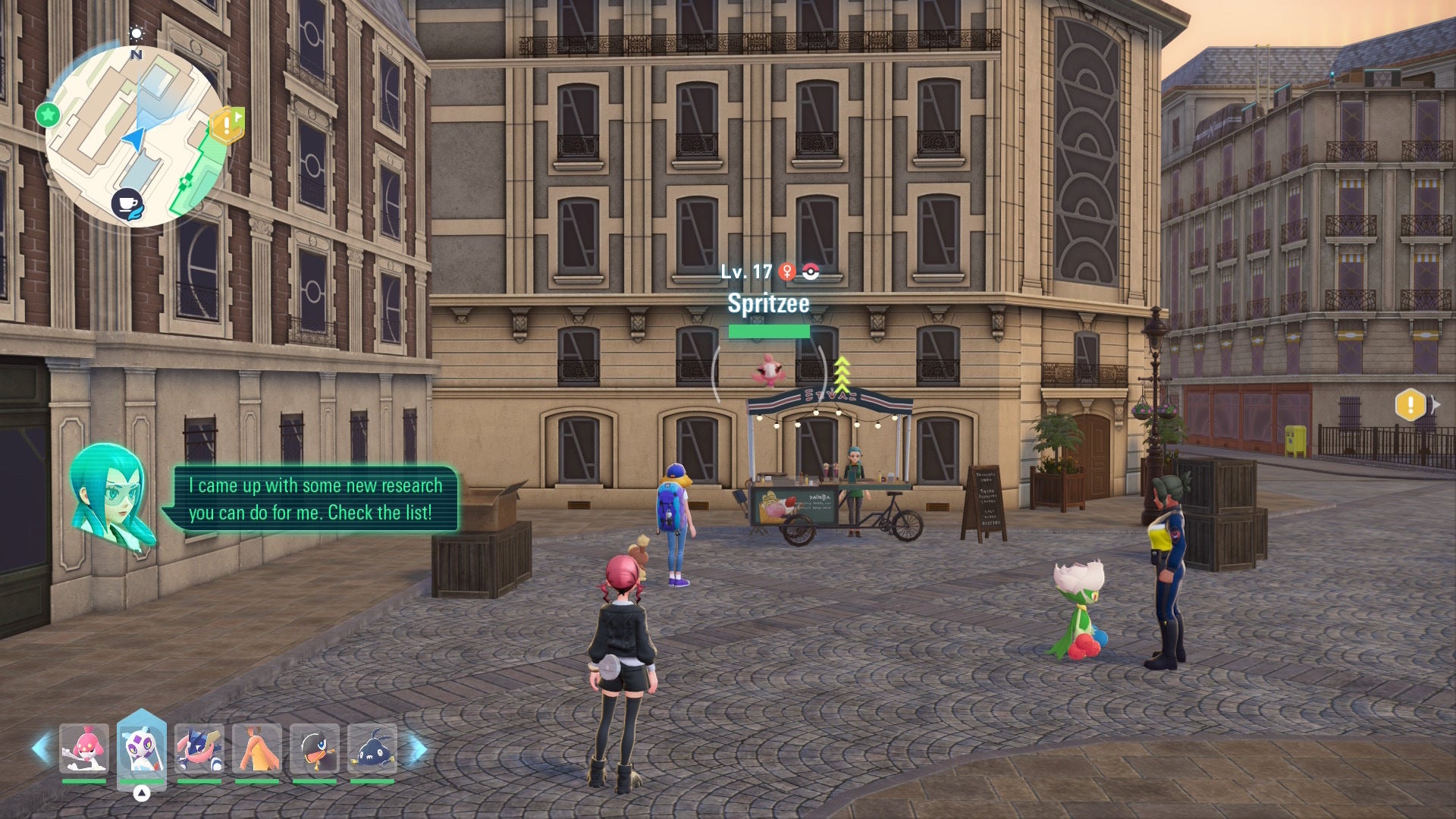 Trainer approaching a perched Spritzee in-game