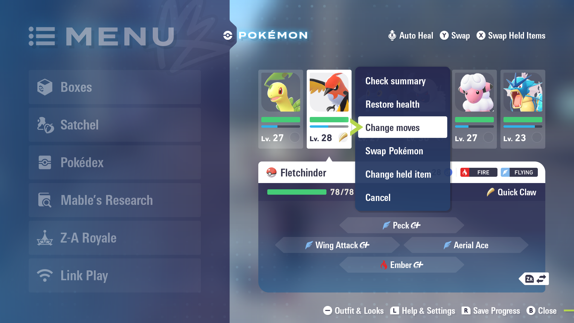 Move selection screen interface