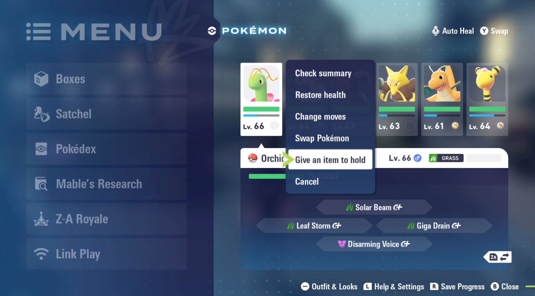 The 'Give an item to hold' menu option in Pokémon Legends: Z-A.