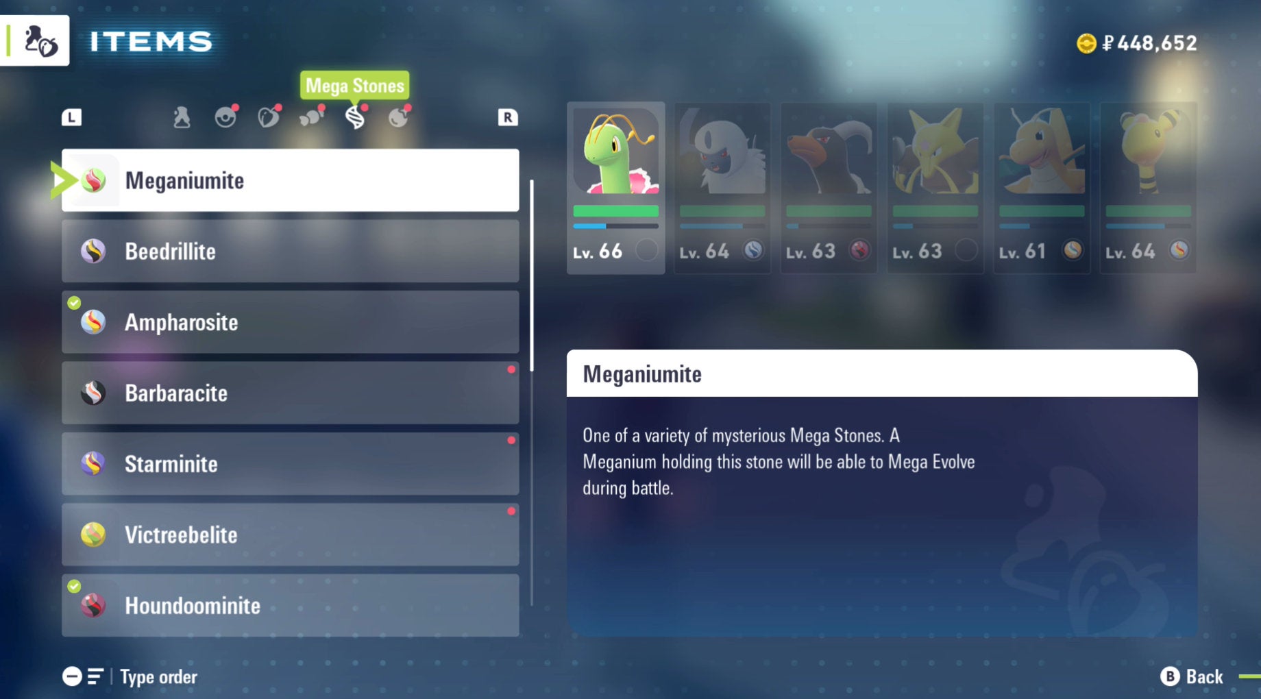 The Mega Stone item menu in Pokémon Legends: Z-A.