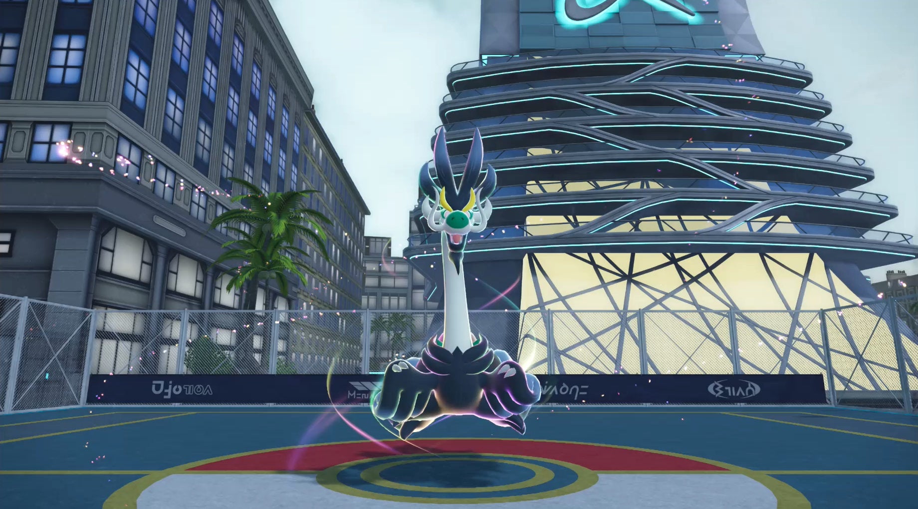 Mega Drampa preparing to fight in Lumiose City in Pokémon Legends: Z-A.