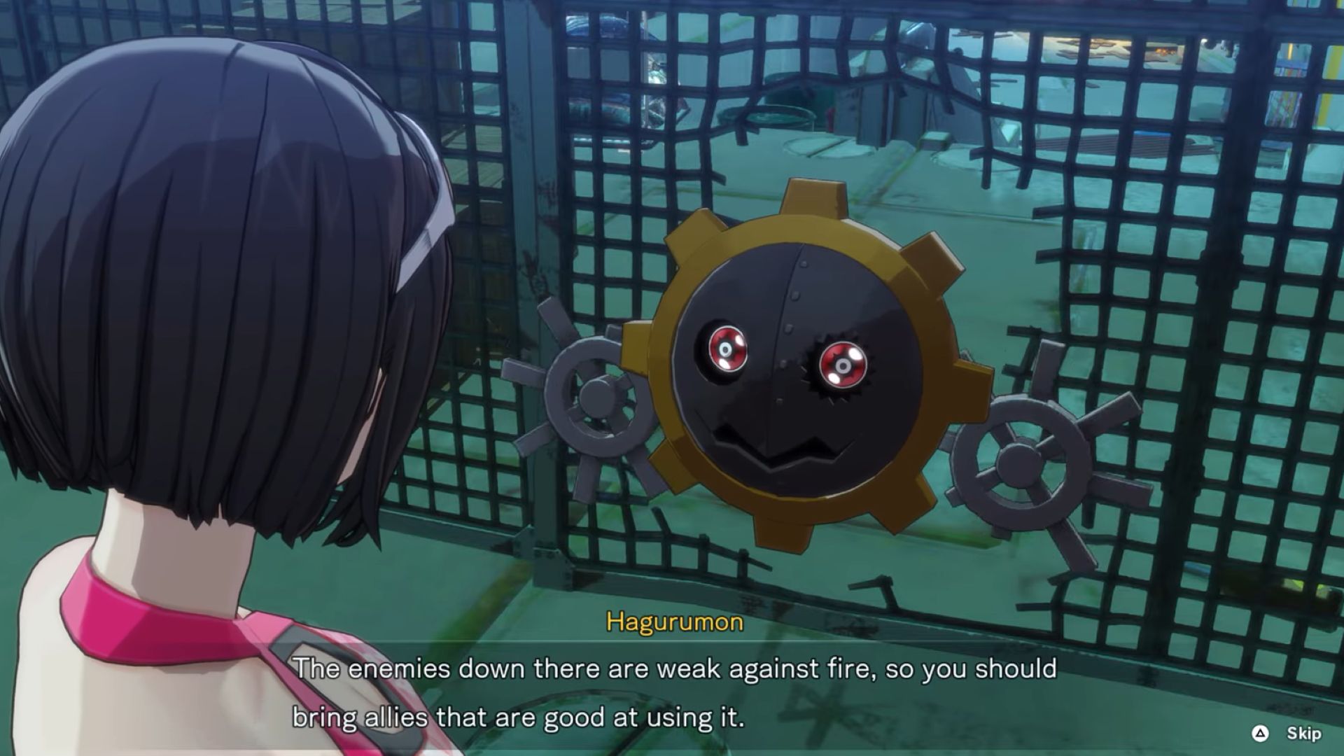 Interact with Hagurumon and navigate the fence opening (Source: Bandai Namco Entertainment)