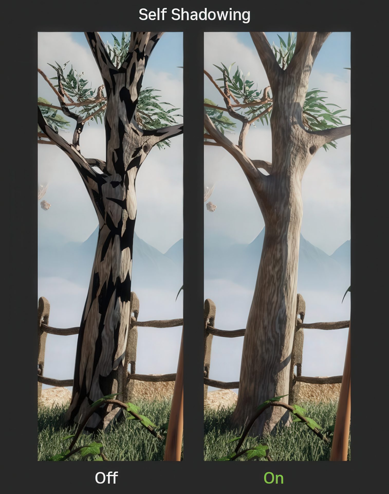 Self-Shadowing comparison showcasing tree rendering with and without RTX Mega Geometry