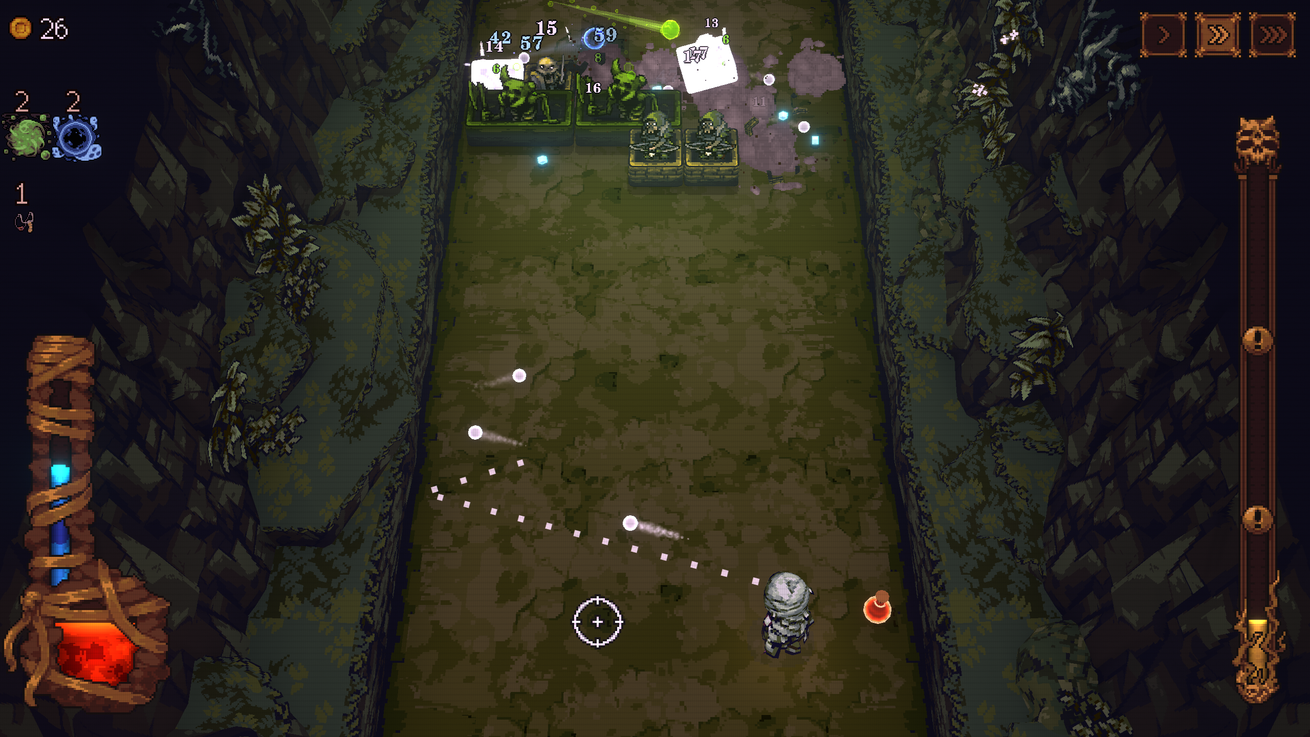 Wait for the health potion to reach the bottom before picking it (Image via Devolver Digital)