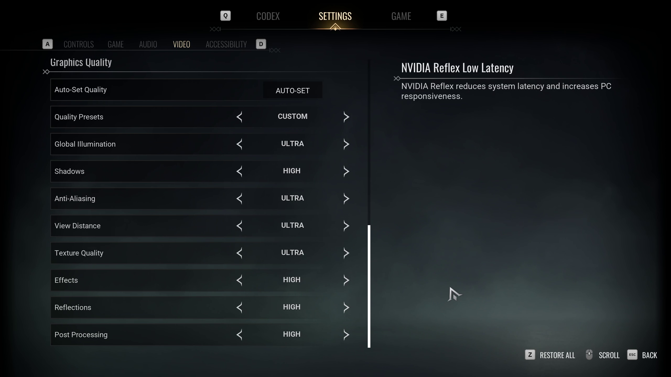 Picture of VTM Bloodlines 2 video settings page